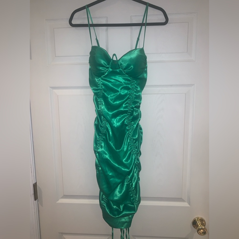 NWT Fashion Nova Green Satin Ruched Mini Dress Size M